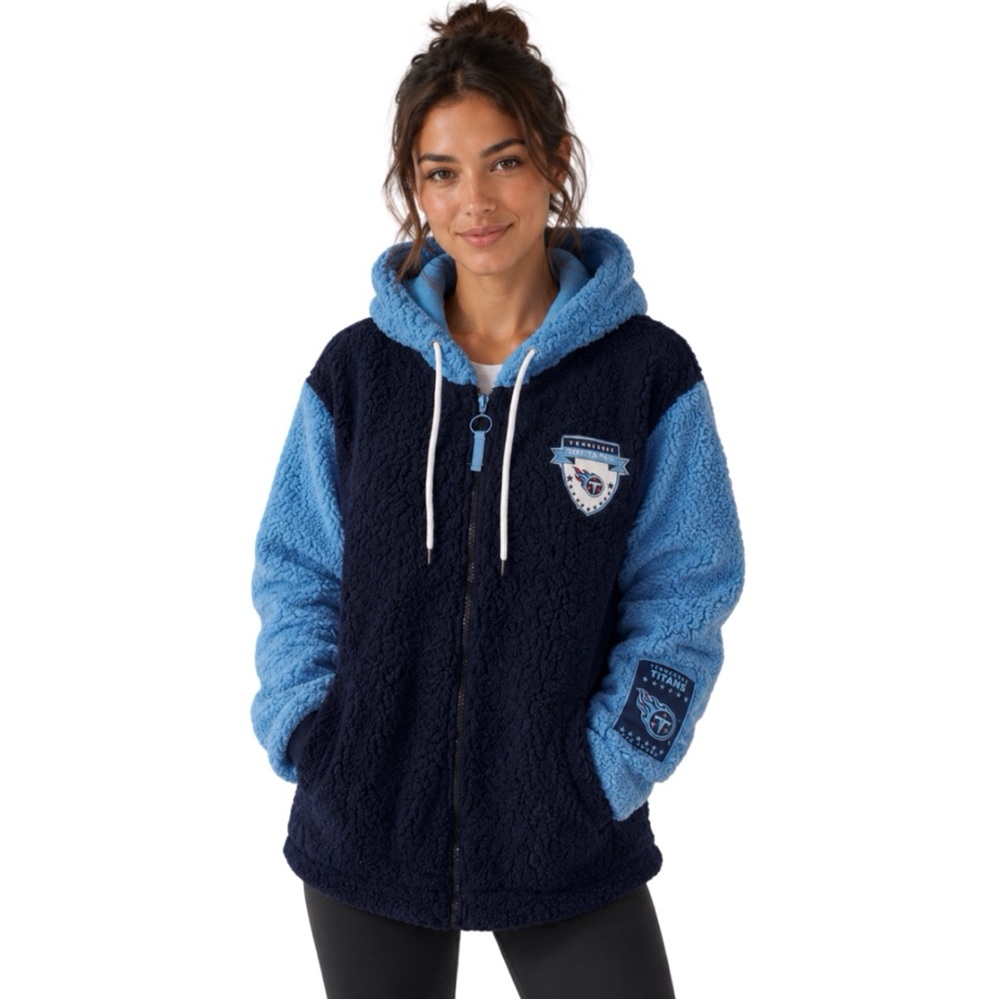 Tennessee Titans Jacket with Hood Blue Teddy Bear Fleece Zip Front Coat New